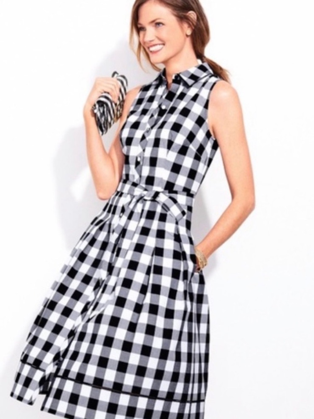 Talbots Sleeveless Black and White Gingham Shirt Dress 100% Cotton